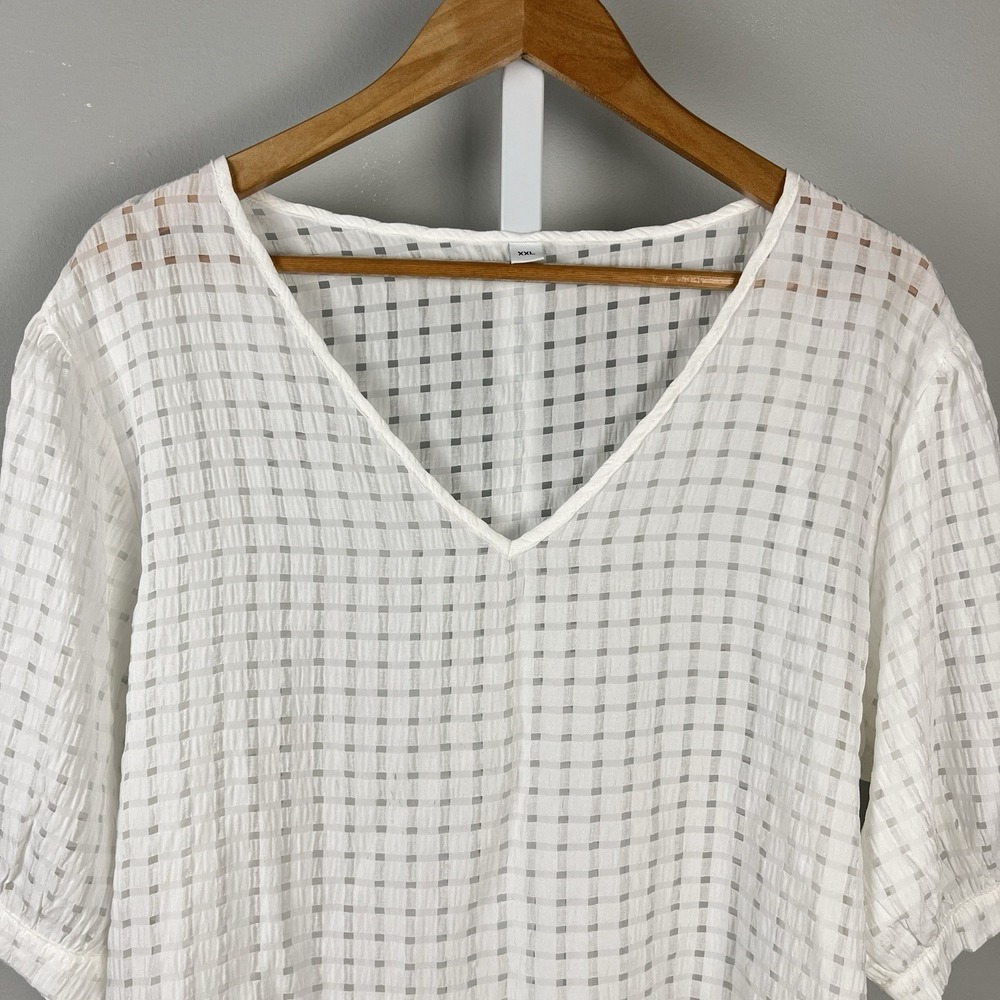 Womens Semi Sheer White Check Plaid Boxy Oversized Top Size XXL Minimalist